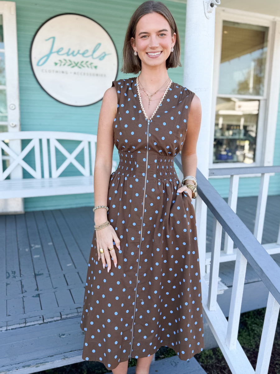 (THML) The Penny Polka Dot Zip Dress-Brown S