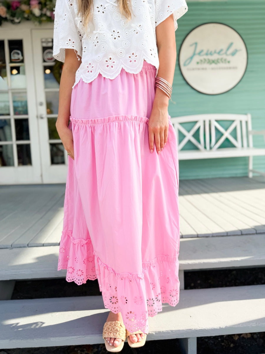 The Betsy Eyelet Midi Skirt-Pink – Jewels Clothing and Accessories