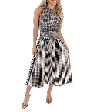 (J.Marie) The Kendra Smocked Midi Dress-Brown