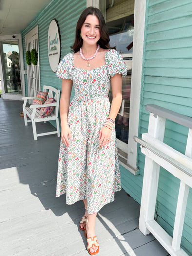 The Teddy Floral Corset Midi Dress-White