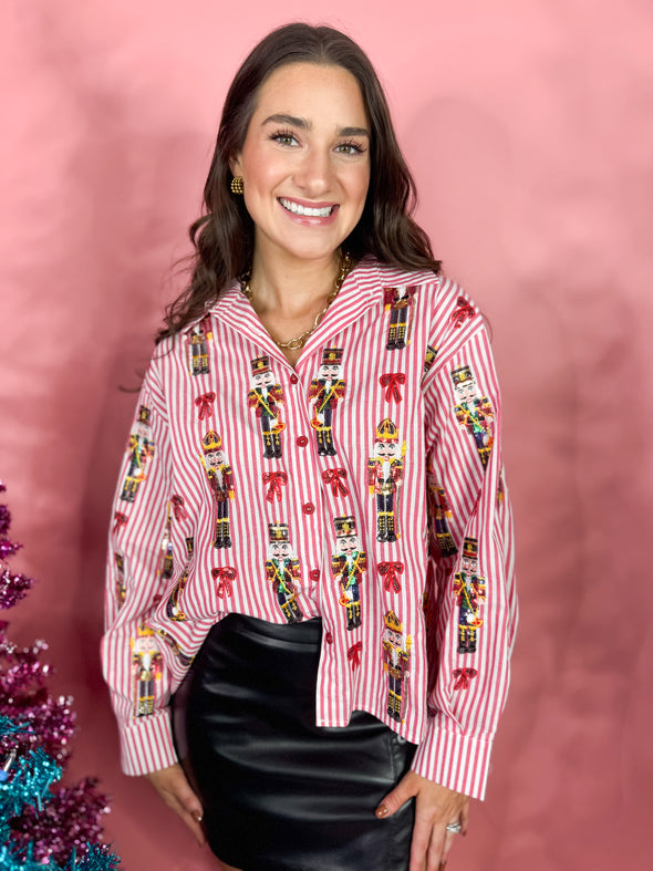 (Queen of Sparkles) Scattered Nutcracker & Bow Top-Red