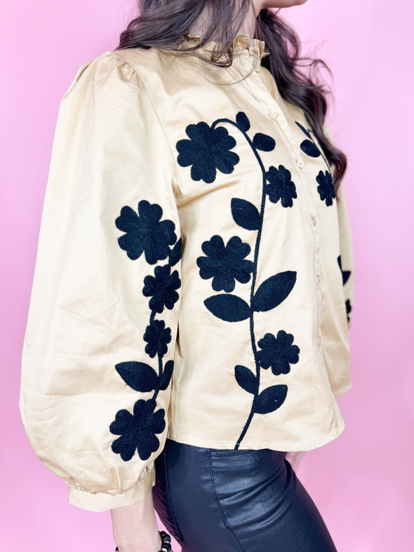 The Kevin Flower Embroidered Top-Tan