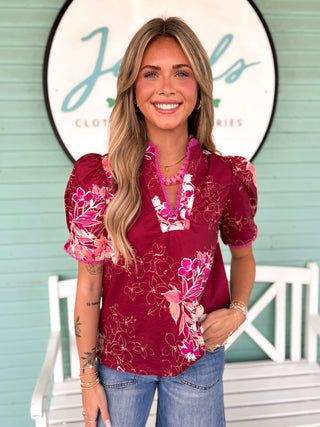 The Dylan Floral Puff Sleeve Top-Burgundy