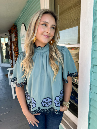 The Bailey Embroidered Top-Sage