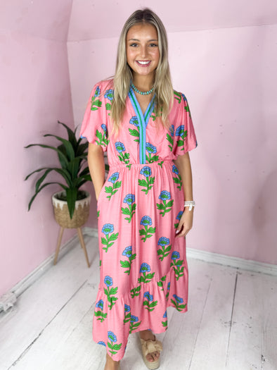 pink floral split neckline dress