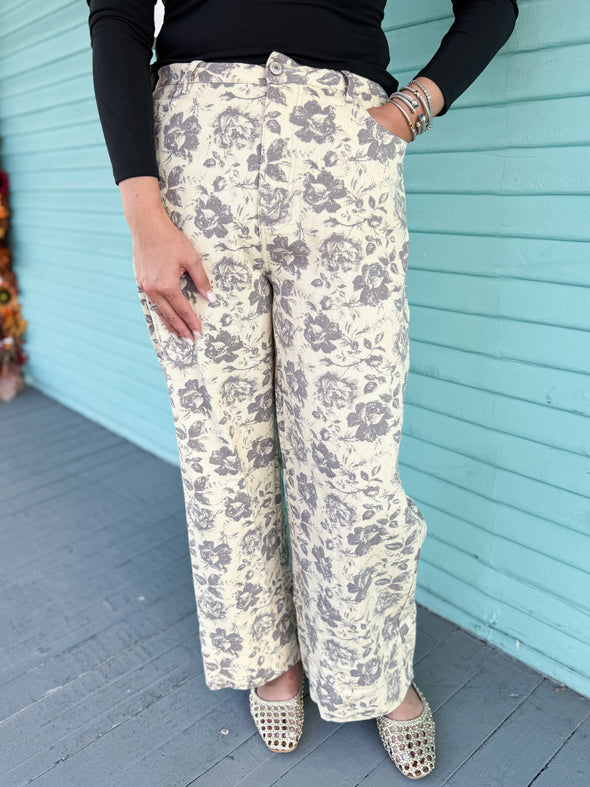 The Brooklyn Floral Pant-Ecru