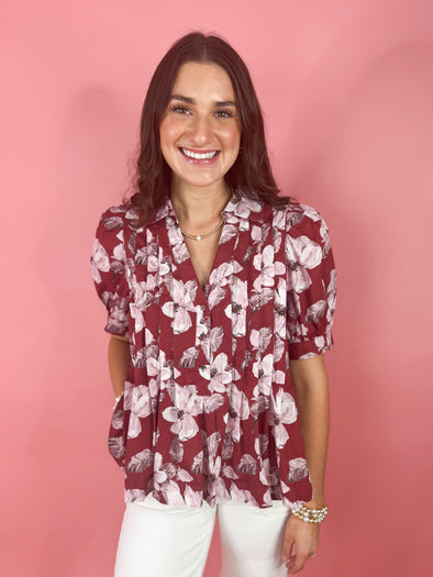 The Sophia Floral Top-Merlot