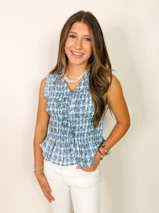 (THML) The Elias Smocked Floral Top-Blue