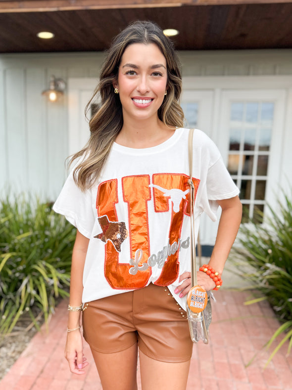 Queen of Sparkles The Texas UT Metallic Word Tee-White