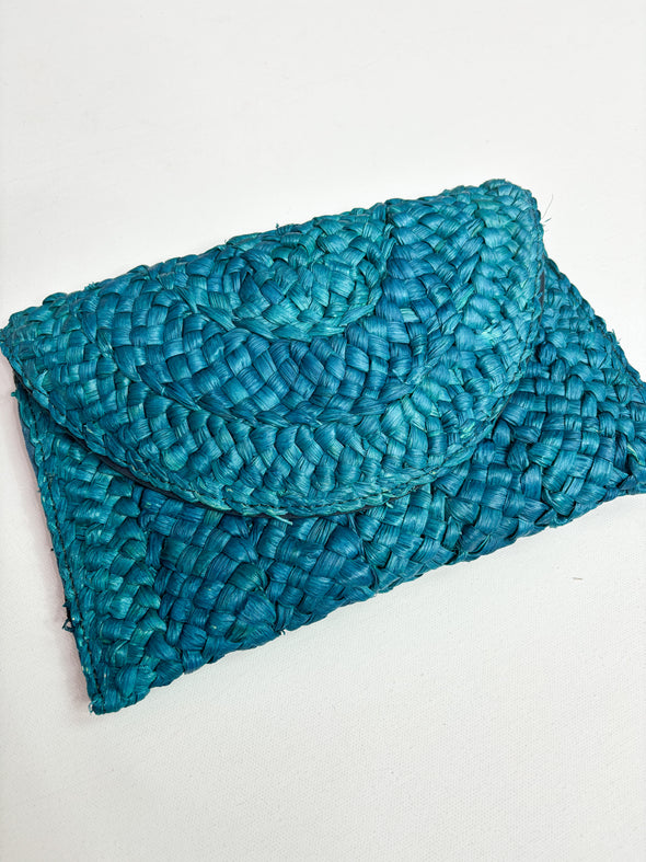 blue raffia clutch 