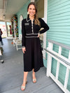 black knit collared midid dress with cream trim by THML