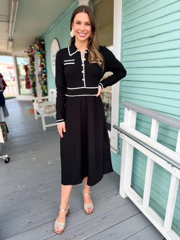 black knit collared midid dress with cream trim by THML