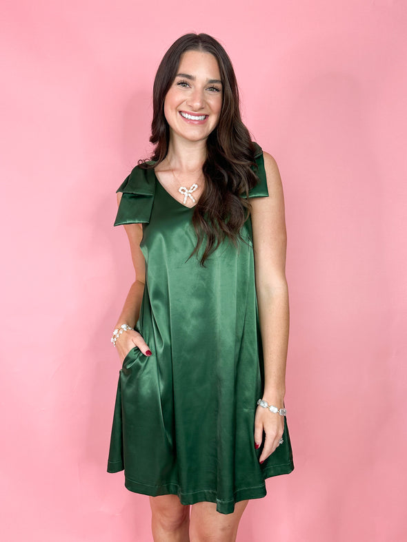 silky green dress with bow sleeves 