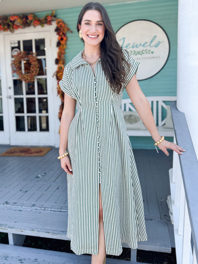 The Hunter Stripe Midi Dress-Green