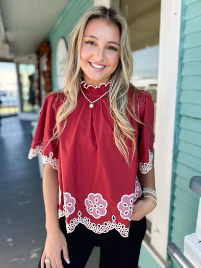 The Bailey Embroidered Top-Brick