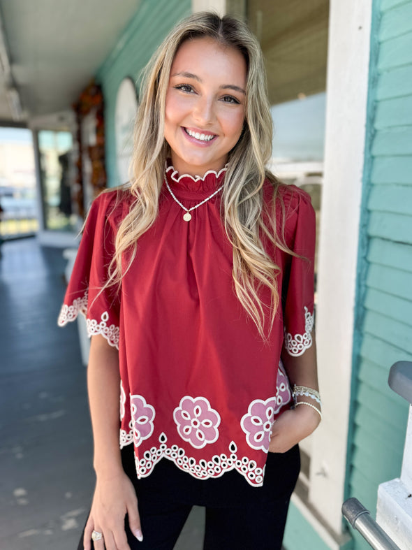 The Bailey Embroidered Top-Brick
