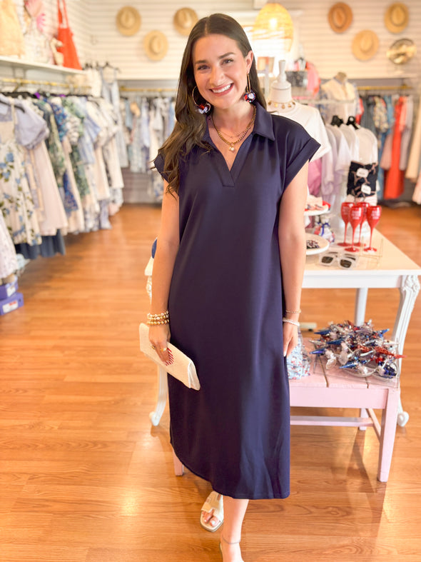 The Savannah Collar Midi Dress-Navy