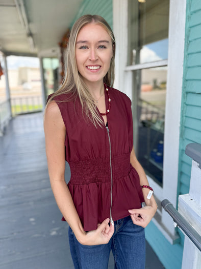 The Kat Smocked Zipper Top-Maroon