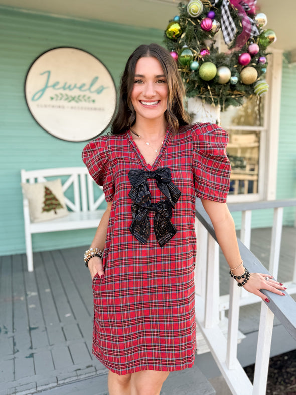 The Lily Puff Sleeve Mini Dress-Red Plaid