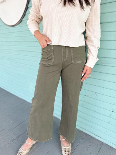 The Lorin Stitched Wide Leg Pant-Olive
