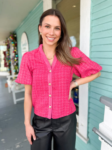 pink tweed short sleeve THML top 