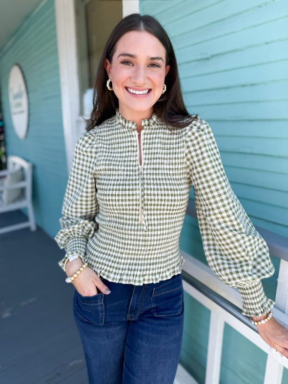 gingham zipper front balloon sleeve top 