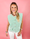 green stripe sleeveless top with gold buttons