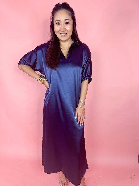 navy satin maxi dress 