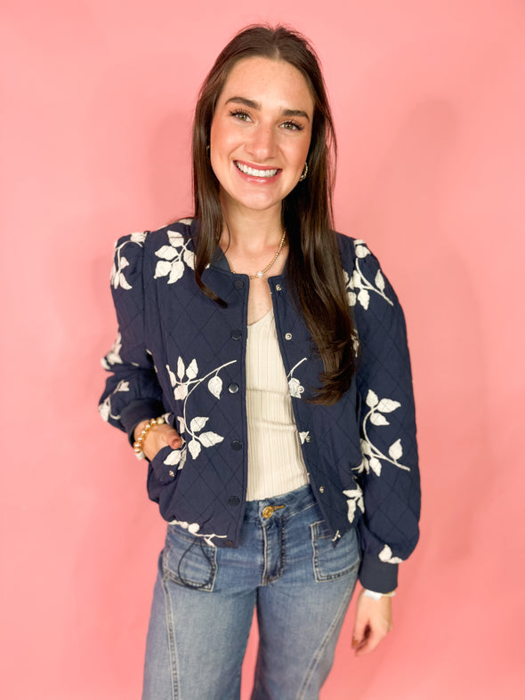 The Stacy Floral Quilted Jacket-Navy