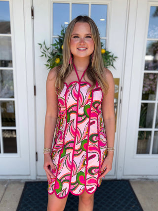 The Fran Printed Scallop Halter Dress-Pink