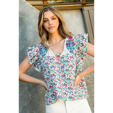 (THML) The Miley Floral Top-Teal