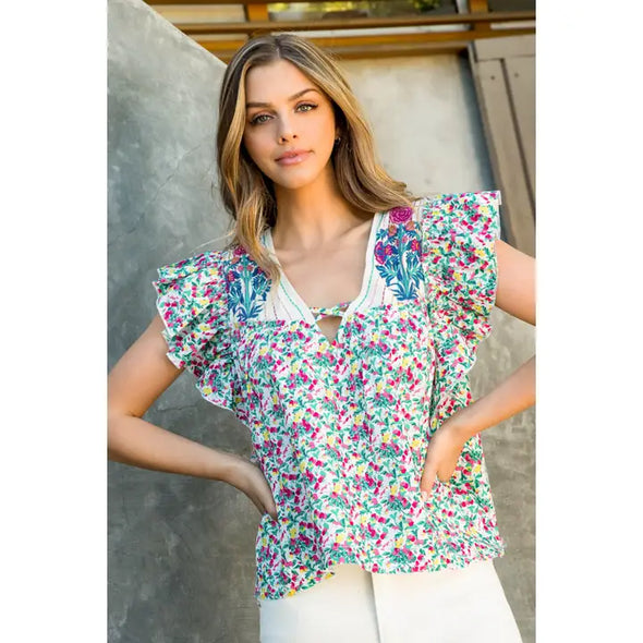 (THML) The Miley Floral Top-Teal