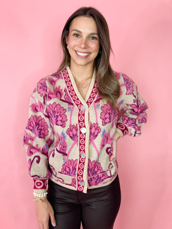 The Cameron Jacquard Knit Cardigan-Pink