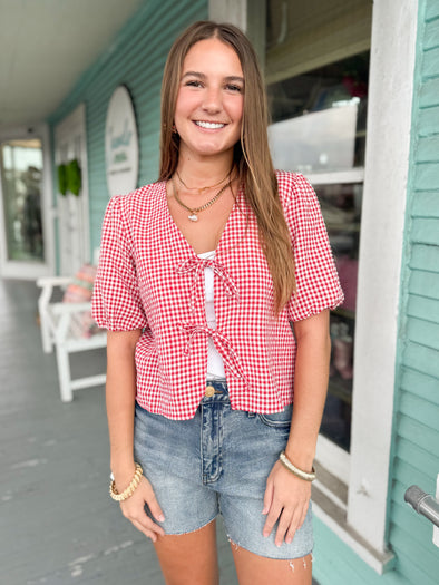 The Riley Gingham Tie Top-Red