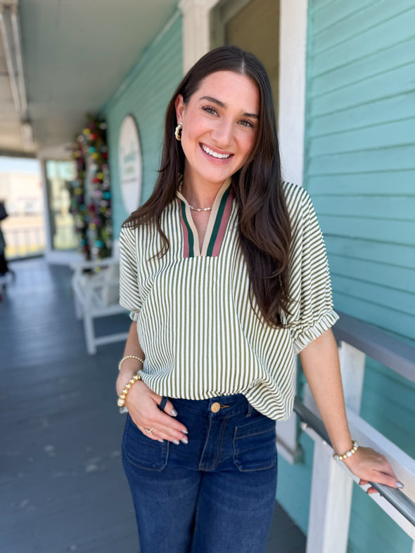 The Charlotte Striped Top-Olive