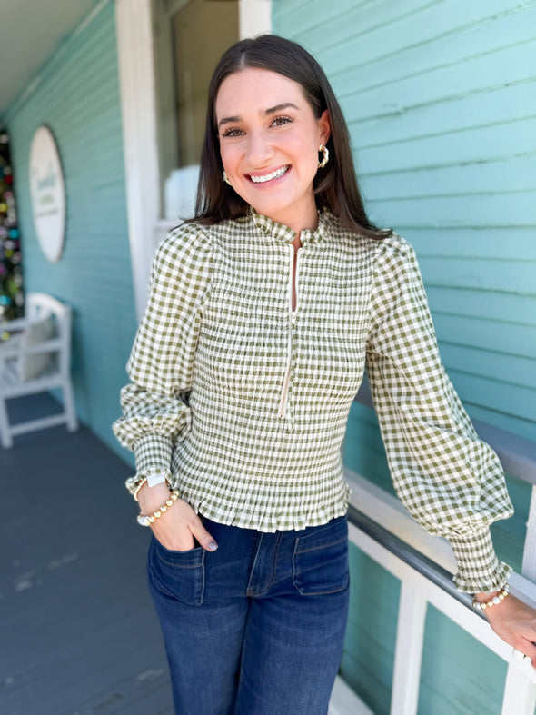 The Hensley Gingham Top-Olive