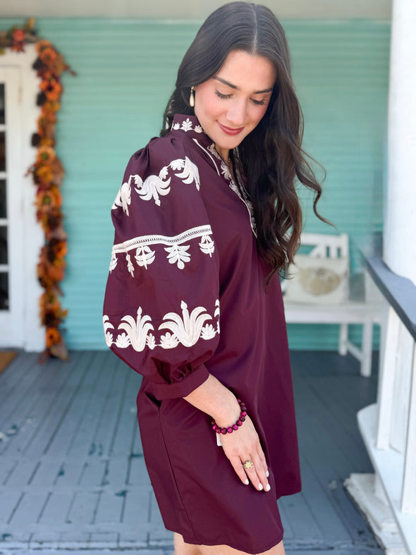 The Ennis Embroidered Dress-Burgundy