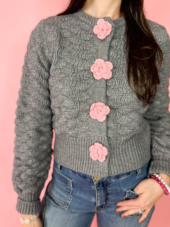 grey sweater with pink floral crochet detail 