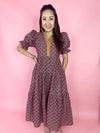 pink floral dress with contrasting pink and green v neckline 
