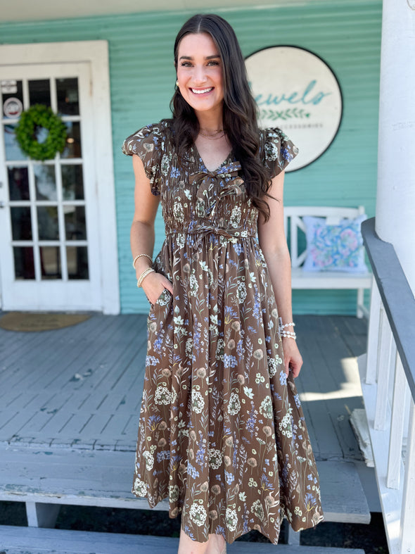 The Lula Floral Midi Dress-Brown