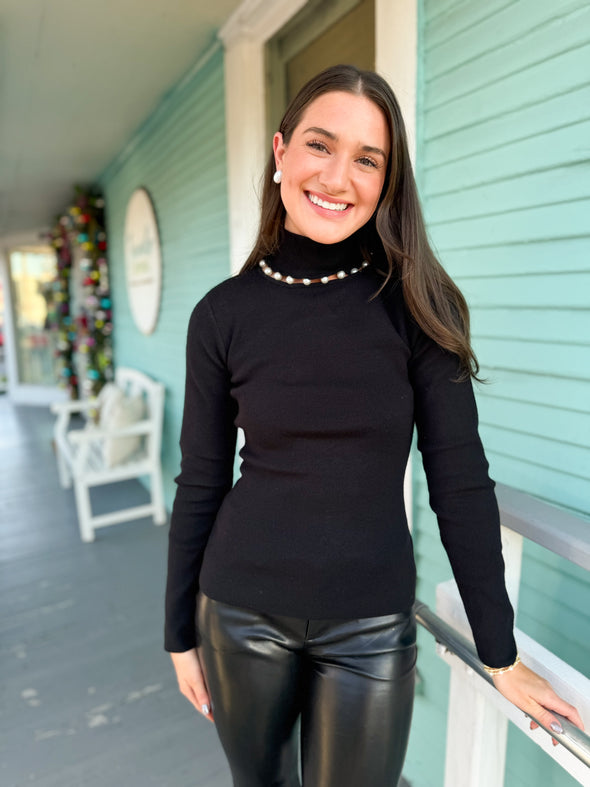 The Jewel Pearl Trim Sweater-Black