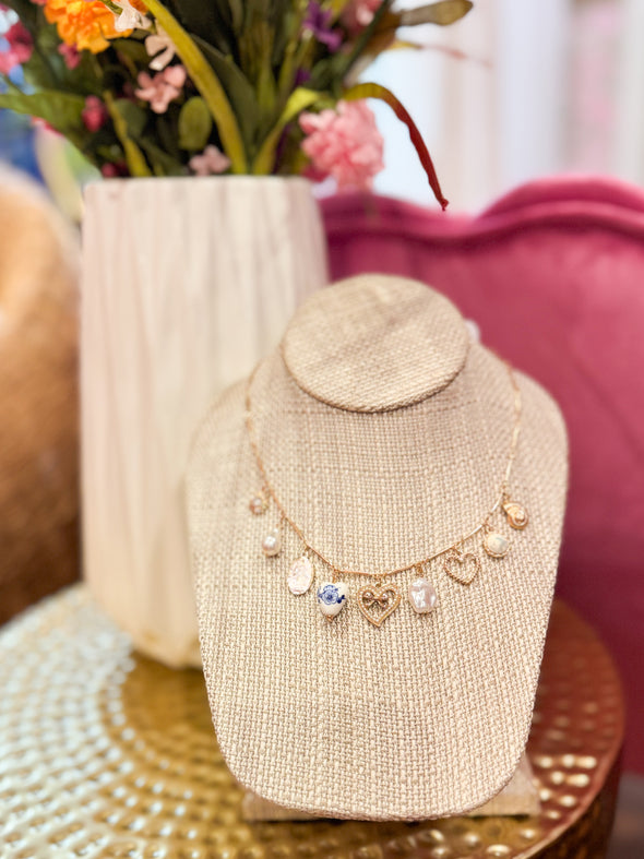 Ceramic Bow Heart Charm Necklace-Gold