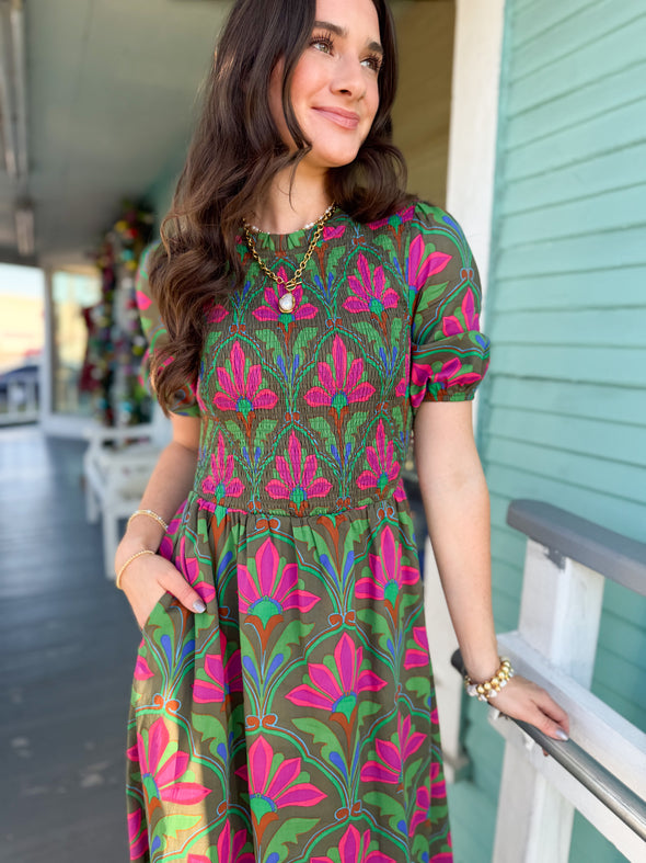 The Lily Floral Smocked Maxi Dress-Green