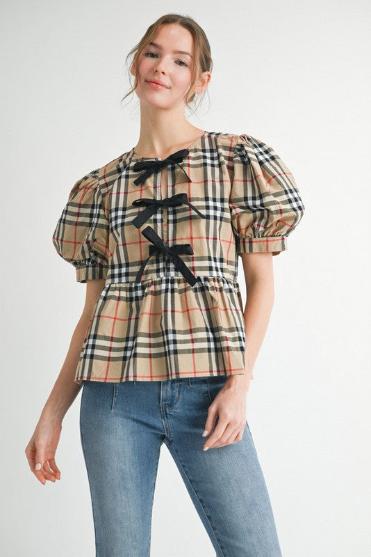 The Charlize Plaid Bow Top-Taupe