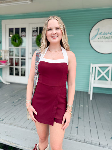 maroon and white romper