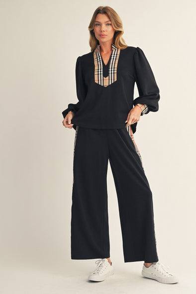 Burberry inspired plaid detailing on black jogger set 