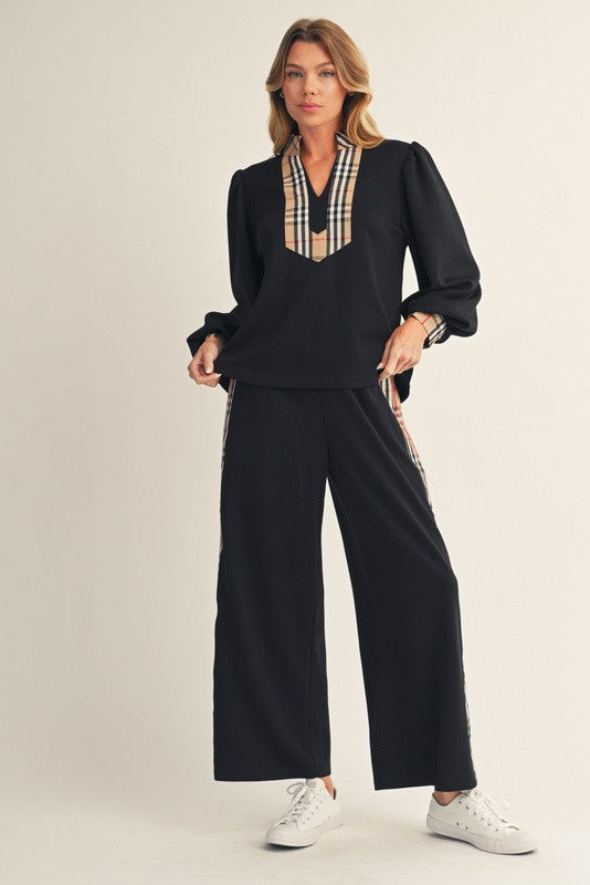 Burberry inspired plaid detailing on black jogger set 