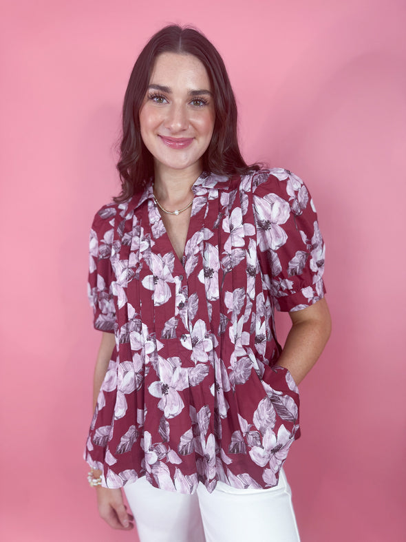 The Sophia Floral Top-Merlot