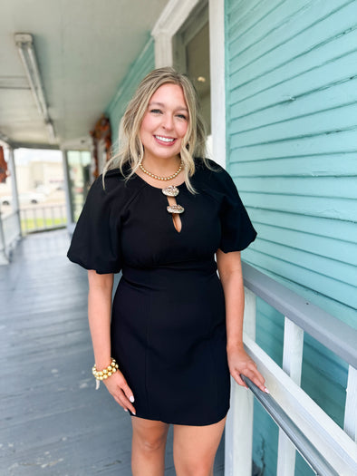 short black dress with balloon sleeves