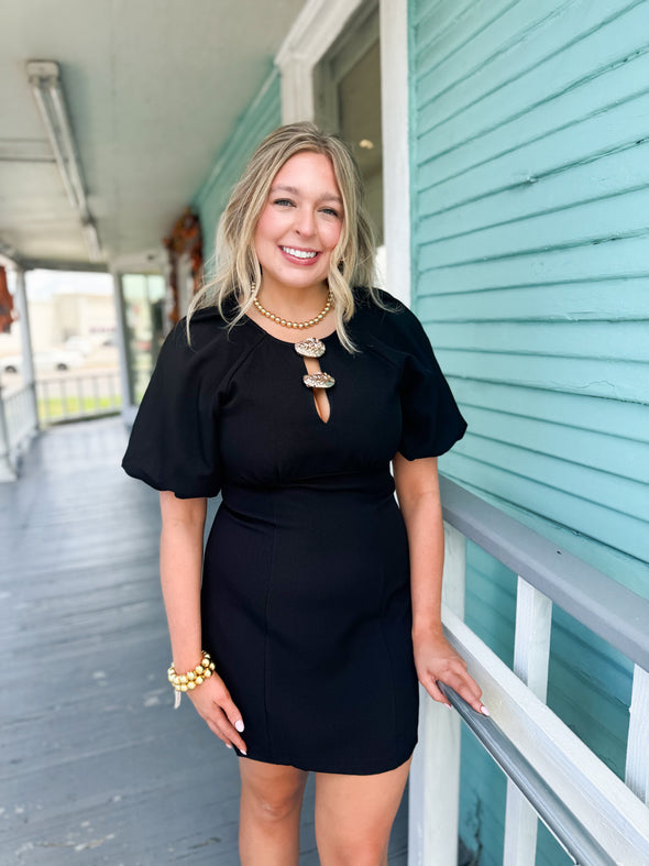 short black dress with balloon sleeves